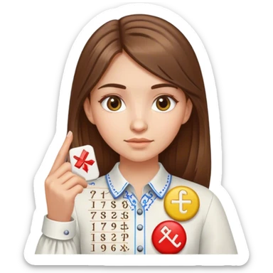 A Ukrainian girl with brown hair wearing an embroidered shirt holds mathematical symbols in her hand sticker