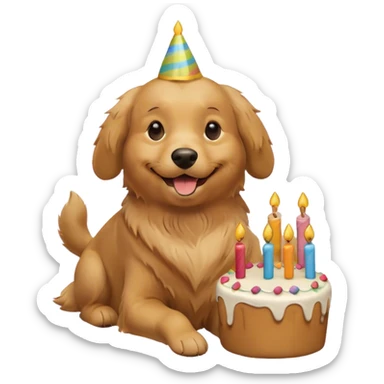 Golden retriever with a birthday cake sticker