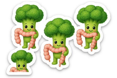 broccoletti stile emoji iphone fluttuano in aria stringendo in mano un pezzo di colon intestinale, iperrealistico 4k sticker