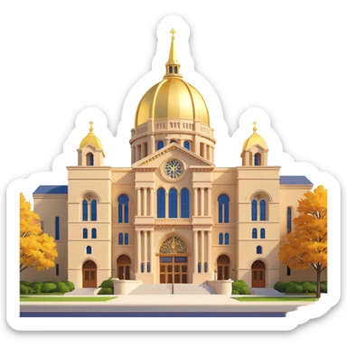 cinematic realistic emoji of the Administration Building at the University of Notre Dame near South Bend Indiana, straight-on perspective, iconic architecture with golden dome, lifelike detail, bright regal lighting on a sunny day, accurate building colors sticker