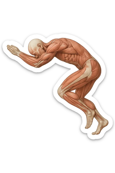 corpo umano anatomico realistico che si butta con la schiena e le spalle in avanti, postura delle spalle chiuse, isolato su sfondo bianco sticker
