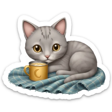 A thin grey cat curled on an old blanket, holding a tiny tin cup with its paws while looking shy but sweet.
 sticker