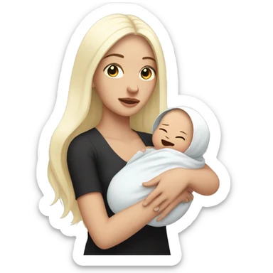 Pale girl with long black hair is holding a pale newborn baby sticker