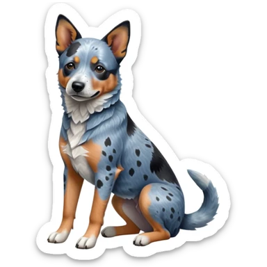 cinematic-[australian catle dog]-realistic-full-body-sitting-emoji,-tail-resting-loosely-beside-its-paws,-head-tilted-dramatically,-sleek-[vibrant-blue-speckle-fur]-fur,-simplified-yet-realistic-focused-features,-highly-detailed,-glowing-with-an-almost-sarcastic-glow sticker
