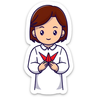 Ukrainian young girl with brown hair wearing an embroidered shirt holds an origami red crane sticker