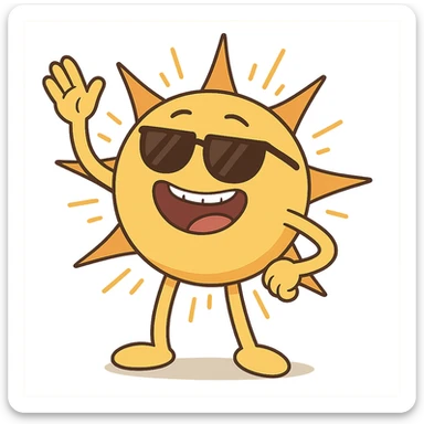 bright sun with sunglasses, radiating warmth, playful cartoon style sticker