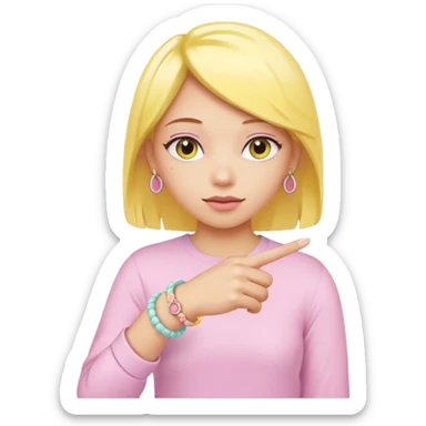 Hand pointin down yellow skin color with pastel bracelets on wrist and cute pink rin sticker