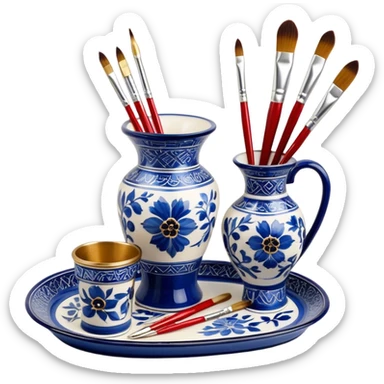 Metal painting icon, a metal vase, tray and metal cup with brushes, each decorated with different techniques: Gzhel-style blue floral patterns, Chinese red and gold designs, and intricate Golden embroidery-style details. Visible fine paintbrush, paint pots, and accessories like porcelain palette, minimalistic style, clean lines, transparent background. sticker