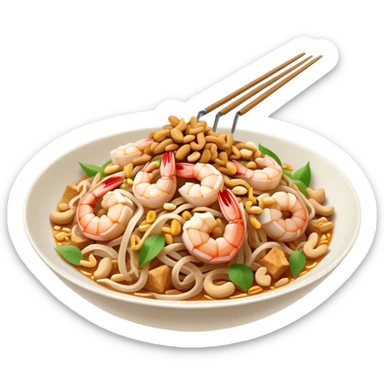 Cinematic Realistic Pad Thai Dish Emoji, depicted as stir-fried rice noodles with shrimp, tofu, peanuts, and bean sprouts rendered with vibrant textures and dynamic, appetizing lighting. sticker