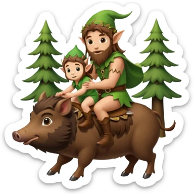tiny forest elf man long brown hair beard riding baby boar sticker