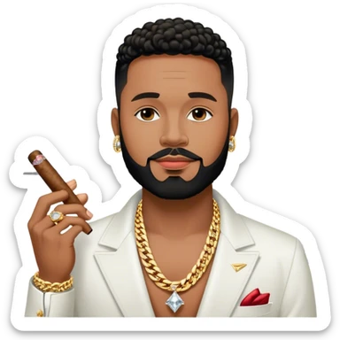 portrait of a Josh king Madrid in black with a gold private plane behind him . Wearing big sparkly diamond earrings and diamond chains on with a cigar in his mouth. Light black clean perfect lined up thin-beard . Looks unfazed cool sticker