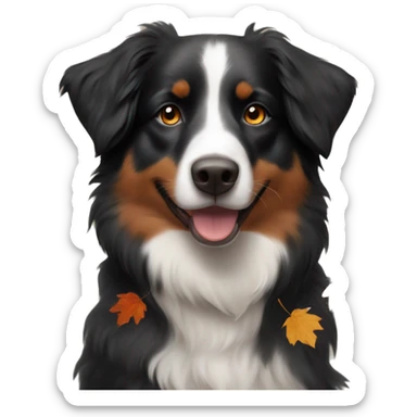 Small black australian shepherd dog wearing autumn leaves sticker