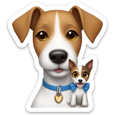 Fox Terrier smooth-haired dog with a toy in the arms of a girl with brown hair and blue eyes sticker
