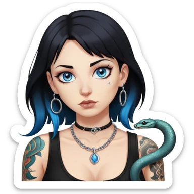 Caucasian Girl with black hair, side bangs, blue eyes, septum and nostril piercing, eyebrow piercing, snake bites piercing, anti eyebrow piercing, black low cut shirt, big breasts, silver necklace, tattoos sticker