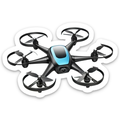 An icon showing a racing quadcopter drone in the foreground, flying at high speed through a course filled with obstacles and checkpoints. Other drones zoom in the background over a dynamic landscape. Transparent background highlights the thrill and precision of drone racing. sticker