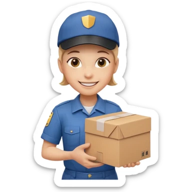  delivery worker holding a cardboard package. Wearing a cap and uniform shirt, smiling expression. Rounded, glossy, smooth, soft shadows, white background.




 sticker