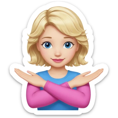 Girl Blonde short wavy hair,  blue eyes, cute blue top, long lashes, pink lips, smiling, making cross arms with arms  sticker