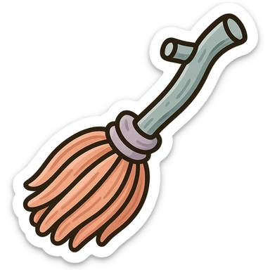 A witch's broom like the reference, but the broom part (twigs) has more lines, not 3 but many, volumetric with detailed shadows and highlights, detailed texture of the handle and twigs, icon-color-outlined style with thin clean contours, soft rounded shapes, pastel palette #98B5BC, #B5B3C1, #C9A3C9, #E4C0CA, #F7DCD1, #F7C0AA, modern Japanese pop art and sticker aesthetics, soft lighting, transparent background. sticker