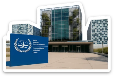 Zoom out slightly for a wider view of the same International Criminal Court (ICC) building in The Hague, keeping the exact same style, colors, lighting, and details. Show more of the building without changing anything else. Transparent background. sticker