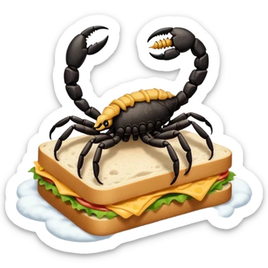 MAKE A SCORPION ON TOP OF A EHITE FLUFFY CLOUD THAT IS HOLDING A SANDWICH IN ITS CLAW AND LOOKING LIKE ITS EATING IT AND ITS NOT ON TOP OF THE SANDWICH ITS HOLDING IT AND NO SANDWICH UNDER ITS FEET sticker