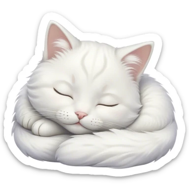 Meme-Worthy Cute Sleeping White Cat Portrait Emoji, Head peacefully tilted with a tender, contented smile and eyes gently closed in serene slumber, featuring a pristine white fur with subtle, delicate silver accents, simplified yet irresistibly adorable, highly detailed, glowing with a soft, drowsy radiance, high shine, exuding calm, heartwarming charm, styled with a gentle, soft glowing outline, capturing the essence of a sleeping white cat that seems destined to become the next viral icon of adorable repose! sticker