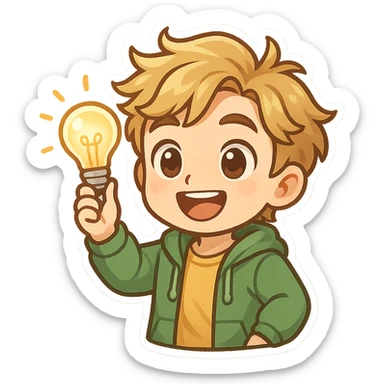 bright and expressive male visionary, fair skin, tousled golden hair, wide joyful eyes, wearing a green hoodie over a yellow tee, one hand raised with a glowing lightbulb, waist-up, front-facing sticker