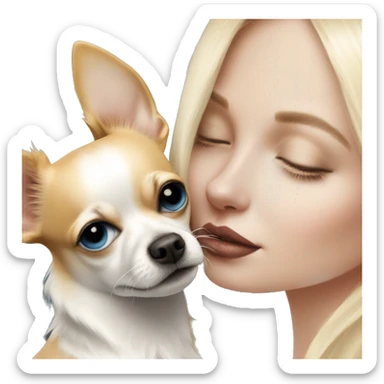 Blonde blue eyed, pale skin woman kissing her chihuahua, the chihuahua has the color of black and white, the chihuahua has long coated  sticker
