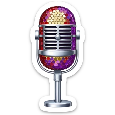 Create a glamorous and vibrant emoji representing stage vocal performance. The design should feature a humanless collage of classic vintage microphone, stage costume covered in rhinestones, sparkling brightly. The costume should be stylized, with glittering elements like sequins and sparkles, and reflect the glitzy, extravagant nature of show business. The microphone should have a sleek, retro look with chrome or metallic accents. Use rich, dazzling colors like gold, silver, deep purple, and bright red to evoke the glamorous, larger-than-life feel of a stage performance. The background should be transparent. sticker