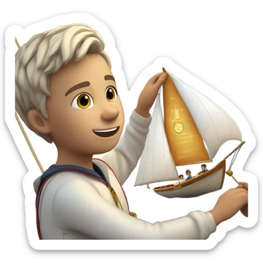 boy puts medal on his sailing boat sticker