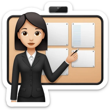 Minimalistic flat vector icon, iOS style, thin black contour on white background. Person silhouette with a project board (kanban/task board) behind. No text, no shadows.
 sticker