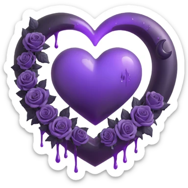 3D emoji gothic heart, purple glass, crescent moon with dripping effect, black roses in a heart shape, faint lightning, misty rain, cracked glass with misty glow sticker