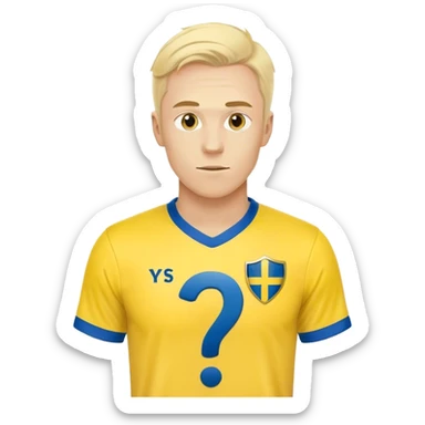 Swedish male soccer player with question mark on the right corner with yellow and blue clothes and with the Swedish flag on the chest and with a question mar outside the emoji sticker