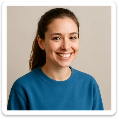 white female with brown hair in a ponytail, blue sweatshirt, smiling, simple background sticker