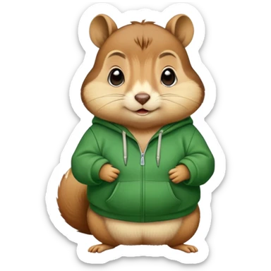 A fat chipmunk wearing a green hoodie  sticker