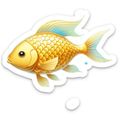 Ethereal golden fish in the shape of an omega symbol, radiating gentle waves of energy that flow toward a glowing brain and heart. The fish appears translucent and luminous, with scales that shimmer with healing properties, all suspended in a dreamy blue atmosphere. sticker