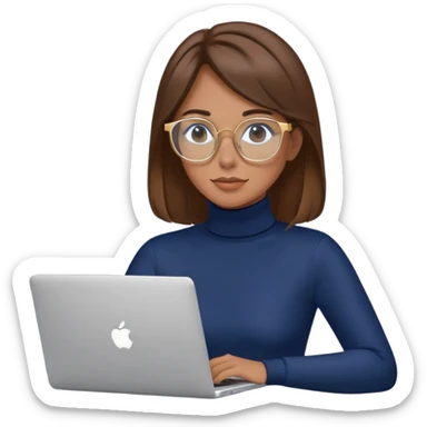Woman with brown hair wearing navy blue turtleneck, gold hoops and blue screen glasses typing on laptop sticker