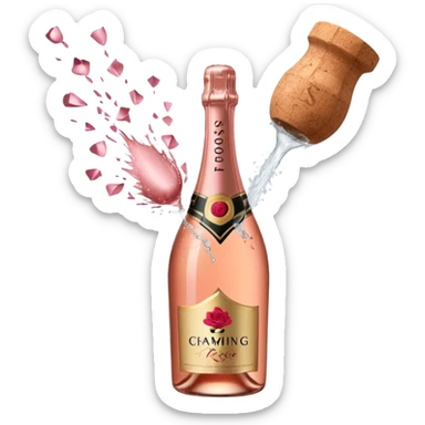 bottle of sparkling rosé champagne with a rose logo on the label, with a cork exploding out from the top, tilted up and to the left, no glass sticker