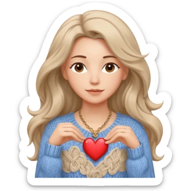 . Her skin glows warmly under the natural light, enhanced by the gentle textures of her knitted beige sweater and flowing hair. her heart-shaped necklace adds a delicate touch, while her serene expression brings a quiet strength to the portrait. The blue sky in the background.
 sticker