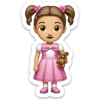 Little white girl with bronze hair in two ponytails with two bows. A pink pacificer in her mouth. She is wearing a pink and White dress and holding a teddybear. sticker