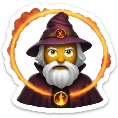 Human demonologist in a wizard costume, surrounded by a fiery halo, Halloween theme, emoji sticker