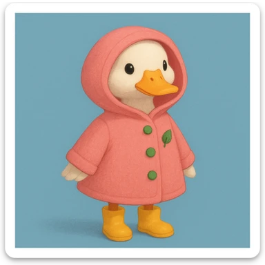 A duck wearing a pink hooded coat with green buttons and a green leaf on the chest, and yellow boots. The background is plain and blue. sticker