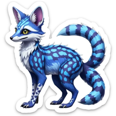 Feral Rare Fantasy scaly evil spooky vibrant dark shady shaded detailed deep-dark-cobalt-blue-gradients-colored colorful Vernid-Sergal-Genet-Trico-Fox-species by LiLaiRa, with dark-blackish points, white belly, random markings, tufted tail, tufted ears, full body sticker