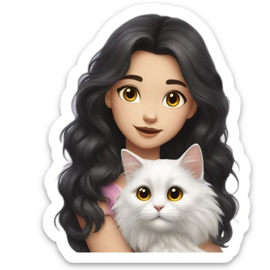 A girl with long dark hair and on her left shoulder and neck lies a white fluffy cat with eyes of different colors sticker