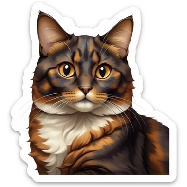 Cinematic Noble Tortoiseshell Cat Portrait Emoji, Poised and dignified, showcasing a luxurious, mottled fur of rich browns and blacks, with elegantly arched whiskers and a determined yet gentle expression, simplified yet meticulously detailed, glowing with a subtle, regal radiance, high shine, embodying quiet nobility and refined charm, soft glowing outline, capturing the essence of a sophisticated tortoiseshell cat exuding quiet authority! sticker