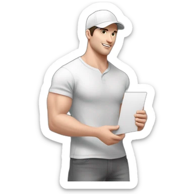 Pale skinned fit Man with dark brown hair in a white cap, gray jeans and dark gray polo T-shirt keeping a pasted with tape white box into his hands sticker