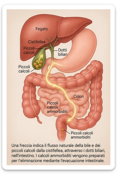 A realistic, educational medical illustration showing the human digestive tract focusing on the liver, gallbladder, bile ducts, and intestines. The gallbladder is depicted with small gallstones inside. A soft glowing arrow indicates the flow of bile and small stones moving naturally from the gallbladder through the bile ducts into the intestines. In the colon, small softened gallstones are shown being prepared for elimination, symbolizing their removal through bowel movements. The style is clean, precise, and clear with soft anatomical colors (greens, soft reds, and yellows) and faint glowing arrows to illustrate the process. The background is a subtle neutral gradient to keep the focus on the organs and the pathway. The image conveys the concept of natural gallstone elimination through the intestines via the stool in a clear, non-graphic, and educational way in italiano sticker