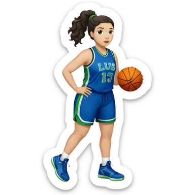 full body plus size light skin latino women basketball player with wavy dark hair in pony tail wide nose wearing blue uniform with green accent sticker