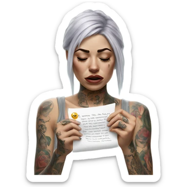 Hyper Realistic Beautiful tattooed woman crying holding a letter  sticker