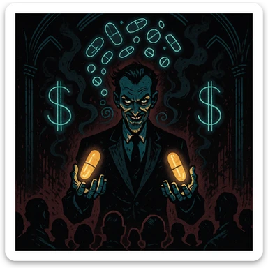 Sinister charismatic man in a tailored suit hypnotizing a crowd with glowing pills in his hands, swirling pharmaceutical symbols, dark smoke forming dollar signs, gothic neon-lit stage, cinematic lighting, hyper-detailed, Mike Mignola meets cyber-noir. Variant 1. sticker