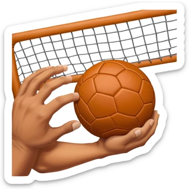 A close-up of a hand gripping a handball, with the handball gates visible in the background. The focus is on the texture of the ball and the strength of the grip, with the goal net slightly blurred to emphasize the anticipation of the throw. sticker